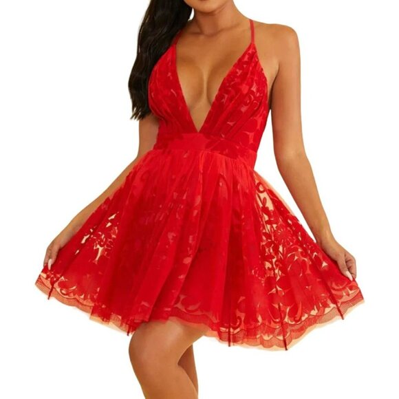 🟣🟣 Luxxel By Alfredo Barraza Womens Red V-neck Lace Mini Formal Gown Dress - Picture 1 of 10